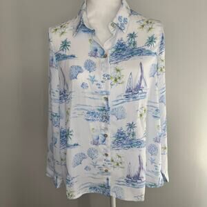 Multiples Petite Medium PM Hawaiian island shirt sailboat beach lightweight